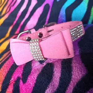 🩷 Pink Rhinestone Faux Leather Dog Collar Bow Cute XS Pet